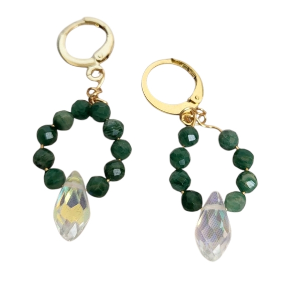 Hand Crafted Jewelry - 18k Gold Labradorite Teardrop AB Crystal Huggie Hoop Earrings